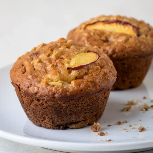 Delicious Peach Oatmeal Muffins: A Family Favorite! 2 Freshly baked peach oatmeal muffins with juicy peach slices on top