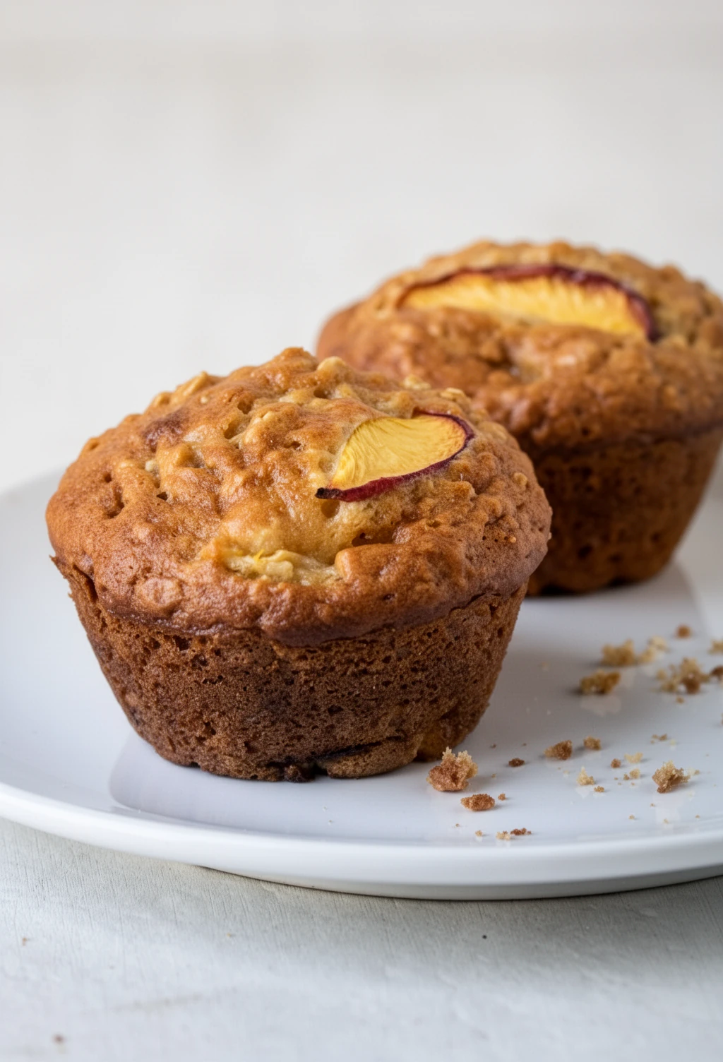 Delicious Peach Oatmeal Muffins with Fresh Peach Topping Freshly baked peach oatmeal muffins with juicy peach slices on top