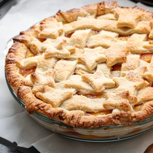 Golden-brown peach pie with lattice crust and sugar sprinkles