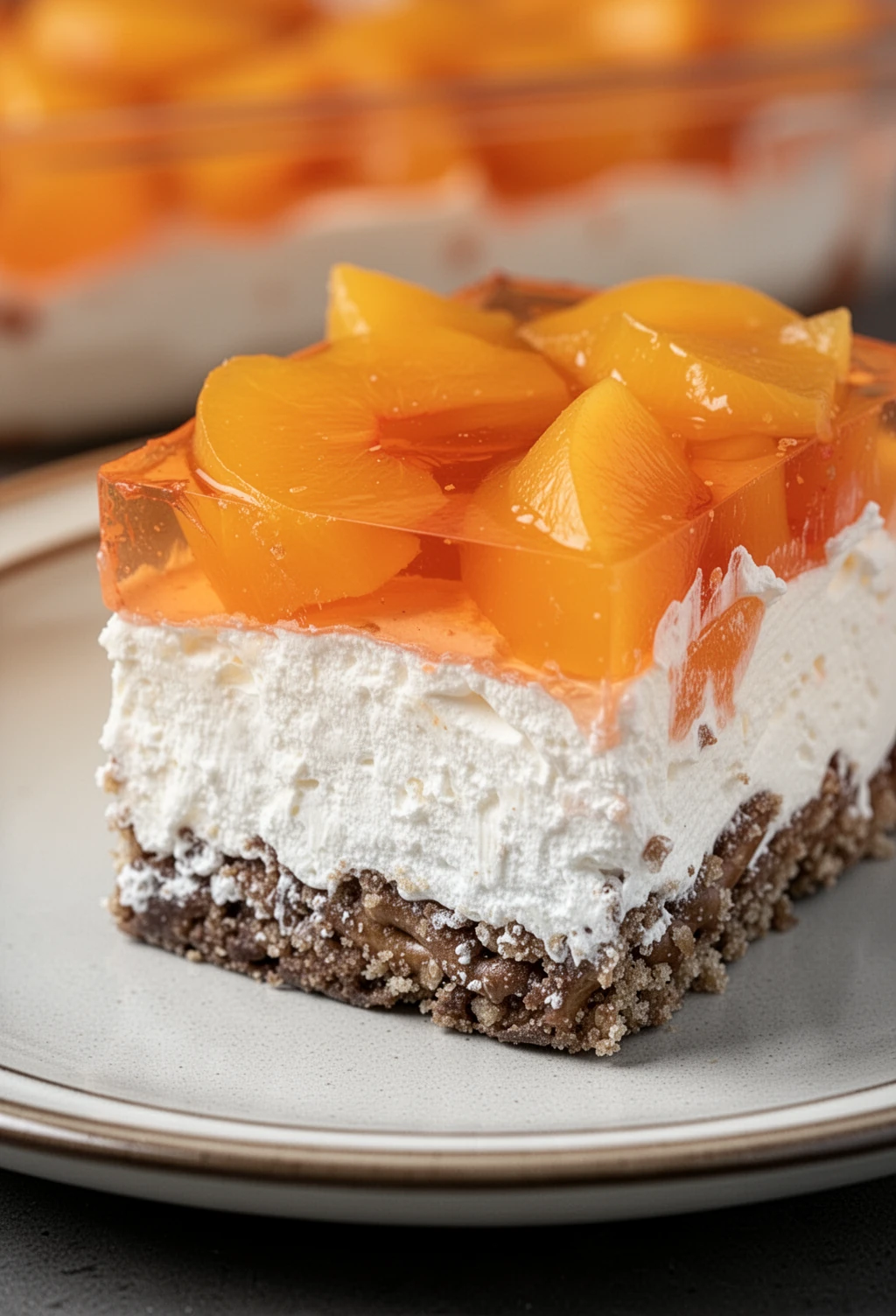 A slice of peach pretzel jello salad with layers of pretzel crust, cream cheese, and peach gelatin.
