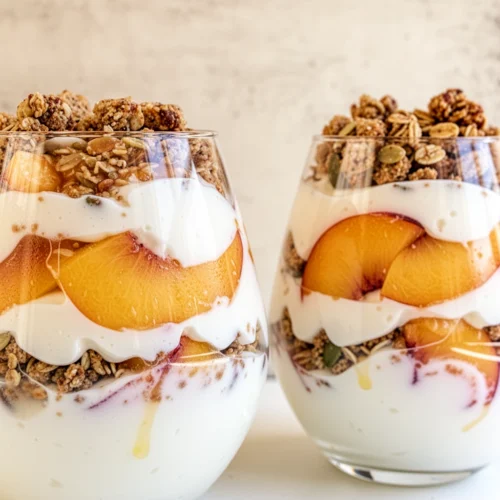 Indulge in a Delightful Peach Yogurt Parfait with Peach Compote 2 Peach yogurt parfait with peach compote in glass jars, topped with granola