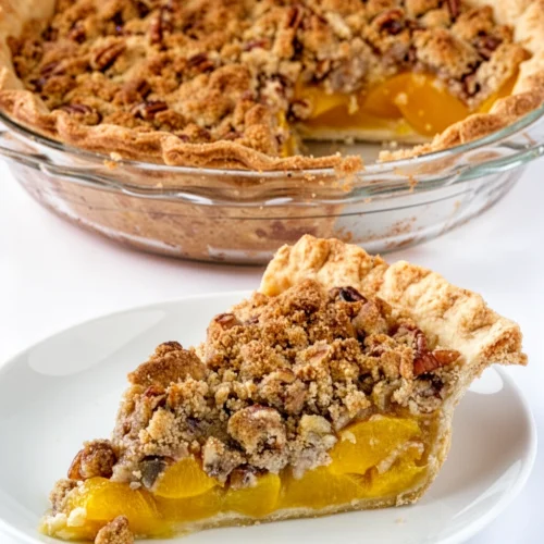 Pecan Peach Crumble Pie: A Deliciously Simple Delight 2 A slice of pecan peach crumble pie with golden crumble topping and juicy peach filling, served with coffee