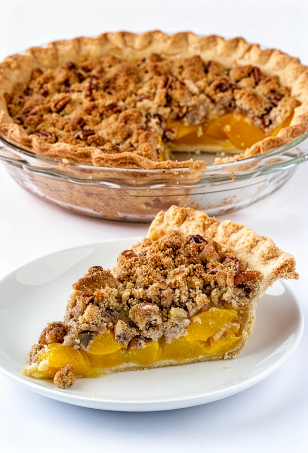 Pecan Peach Crumble Pie with Golden Crumble Topping A slice of pecan peach crumble pie with golden crumble topping and juicy peach filling, served with coffee