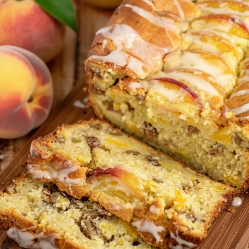Sliced pecan and peach quick bread with white icing and fresh peaches