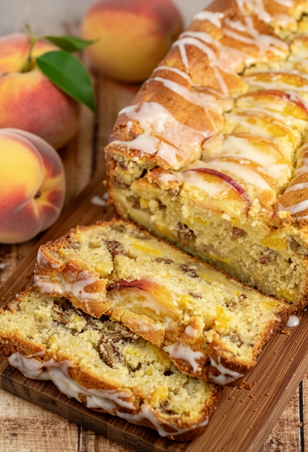 Sliced pecan and peach quick bread with white icing and fresh peaches