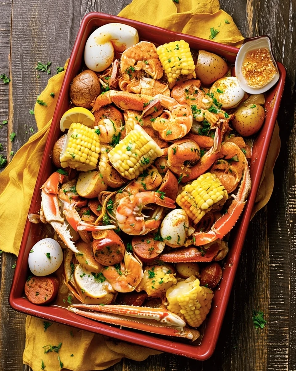 Perfect Cajun seafood boil with shrimp, crab, corn, potatoes, and sausage on a red tray.