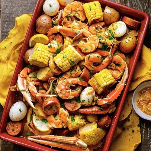 Perfect Cajun seafood boil with shrimp, crab, corn, potatoes, and sausage on a red tray.