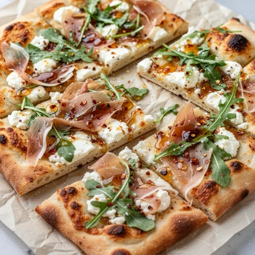 Prosciutto ricotta arugula pizza with fresh greens and hot honey drizzle