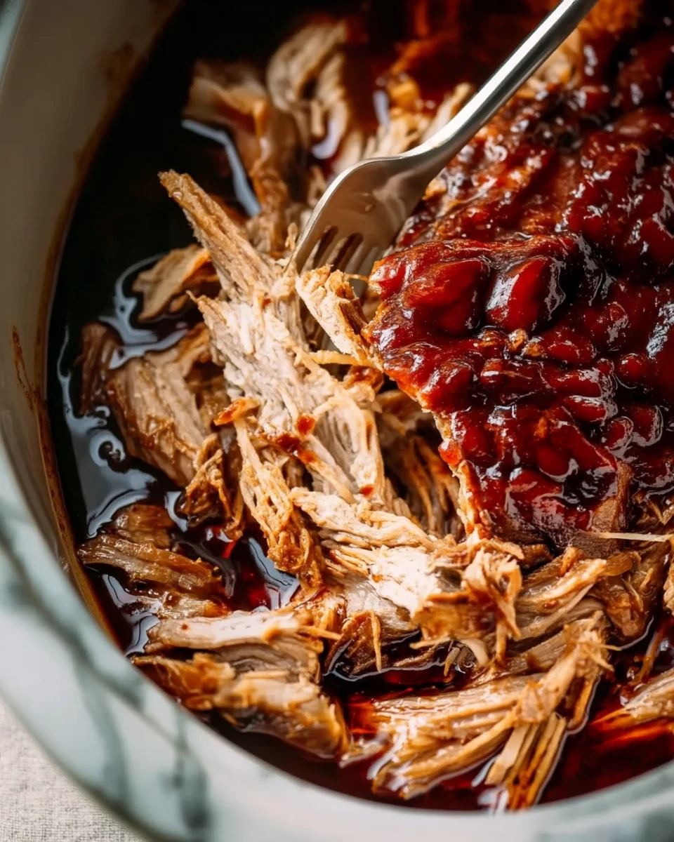 Juicy pulled pork BBQ tenderloin in a slow cooker with barbecue sauce, shredded with a fork