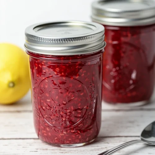 Two jars of homemade raspberry freezer jam with lemon in background