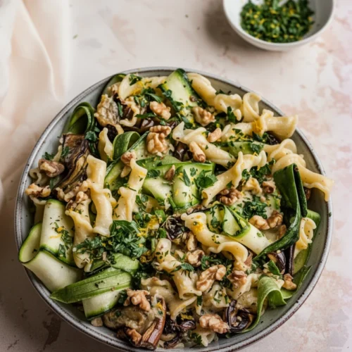 Roasted eggplant and zucchini pasta with gremolata and walnuts in a gray bowl