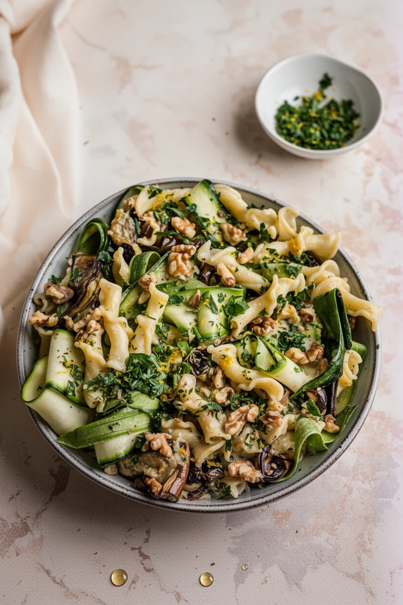 Roasted eggplant and zucchini pasta with gremolata and walnuts in a gray bowl