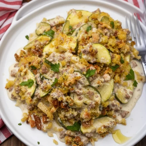 Sausage and Zucchini Casserole: A Deliciously Easy Comfort Dish 1 Sausage and zucchini casserole served on a white plate with fresh parsley garnish