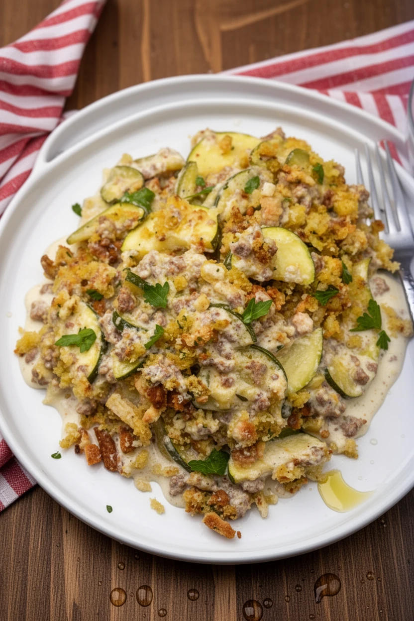 Sausage and Zucchini Casserole with Crispy Stuffing Topping Sausage and zucchini casserole served on a white plate with fresh parsley garnish