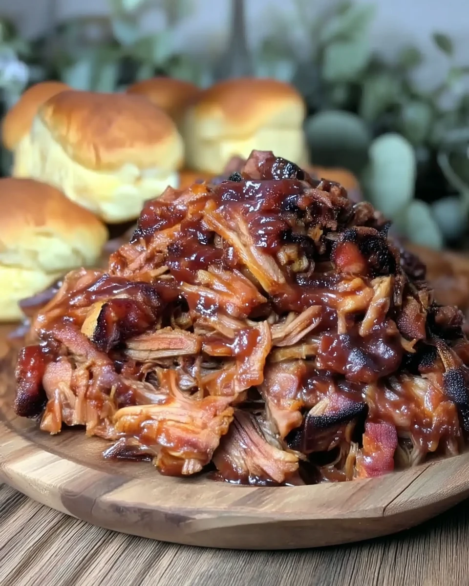 Savory Dr Pepper pulled pork with glaze and biscuits on wooden platter
