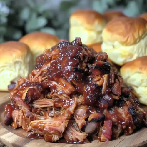 Savory Dr Pepper pulled pork with glaze and biscuits on wooden plate