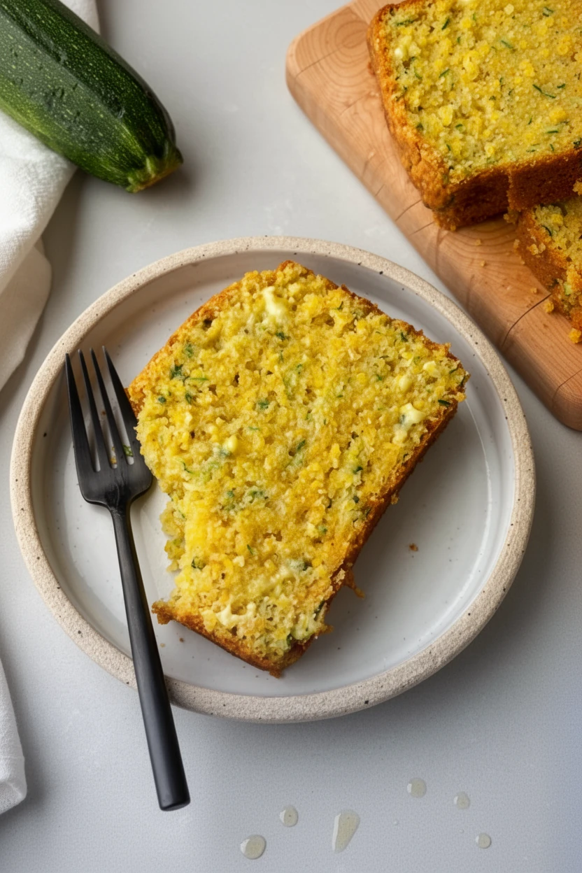 Savory zucchini cornbread loaf slice on plate with fork and fresh zucchini
