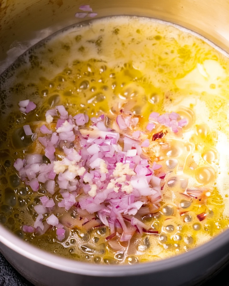 Seafood boil sauce with onions and garlic simmering in a pot