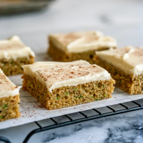 Moist sheet pan zucchini cake with cream cheese frosting and cinnamon, cooling on a rack