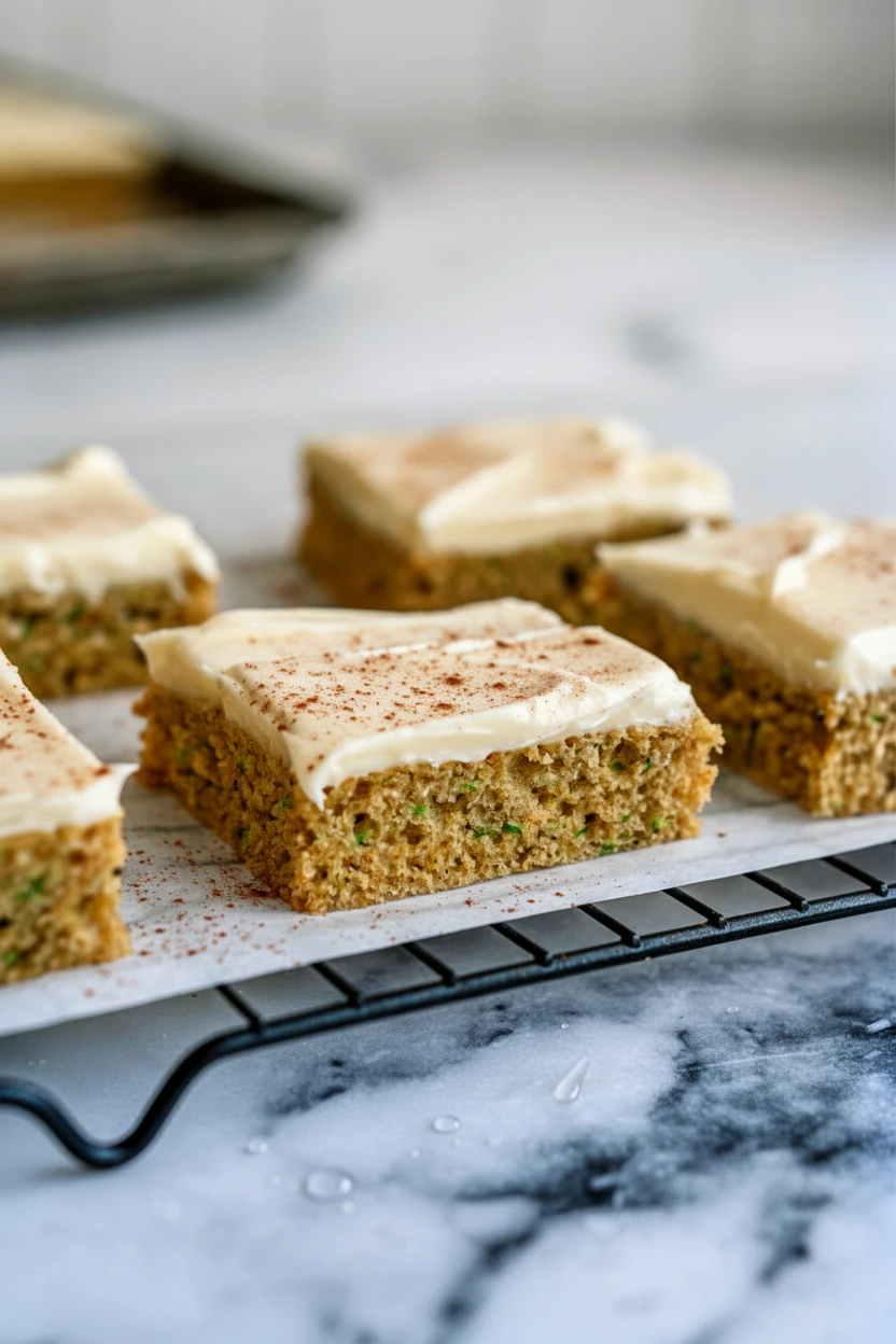 Moist sheet pan zucchini cake with cream cheese frosting and cinnamon, cooling on a rack