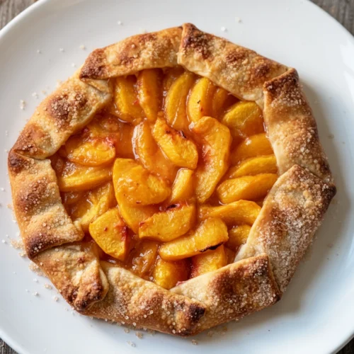 Simple peach galette with golden crust and fresh peaches on a white plate