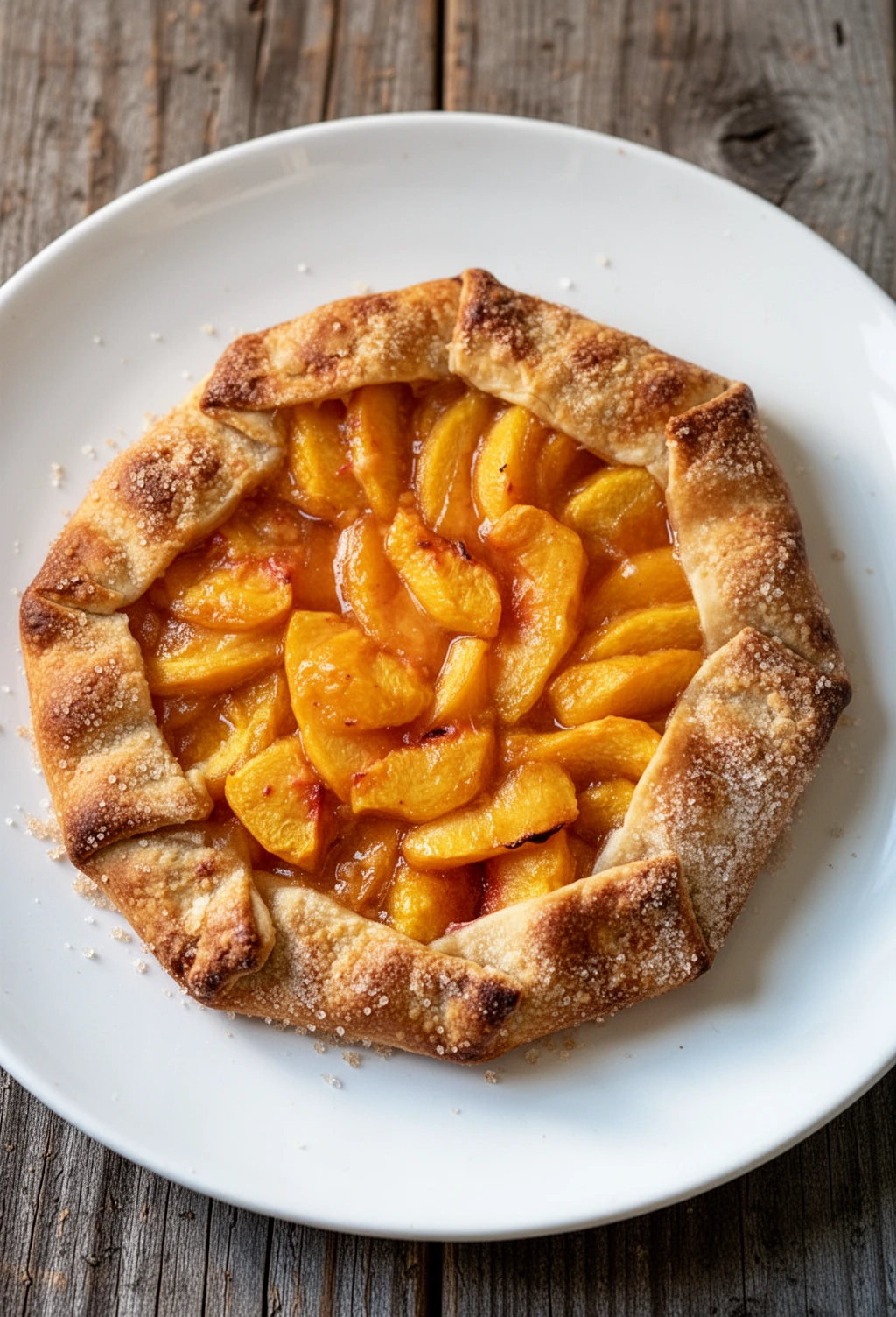 Simple peach galette with golden crust and fresh peaches on a white plate