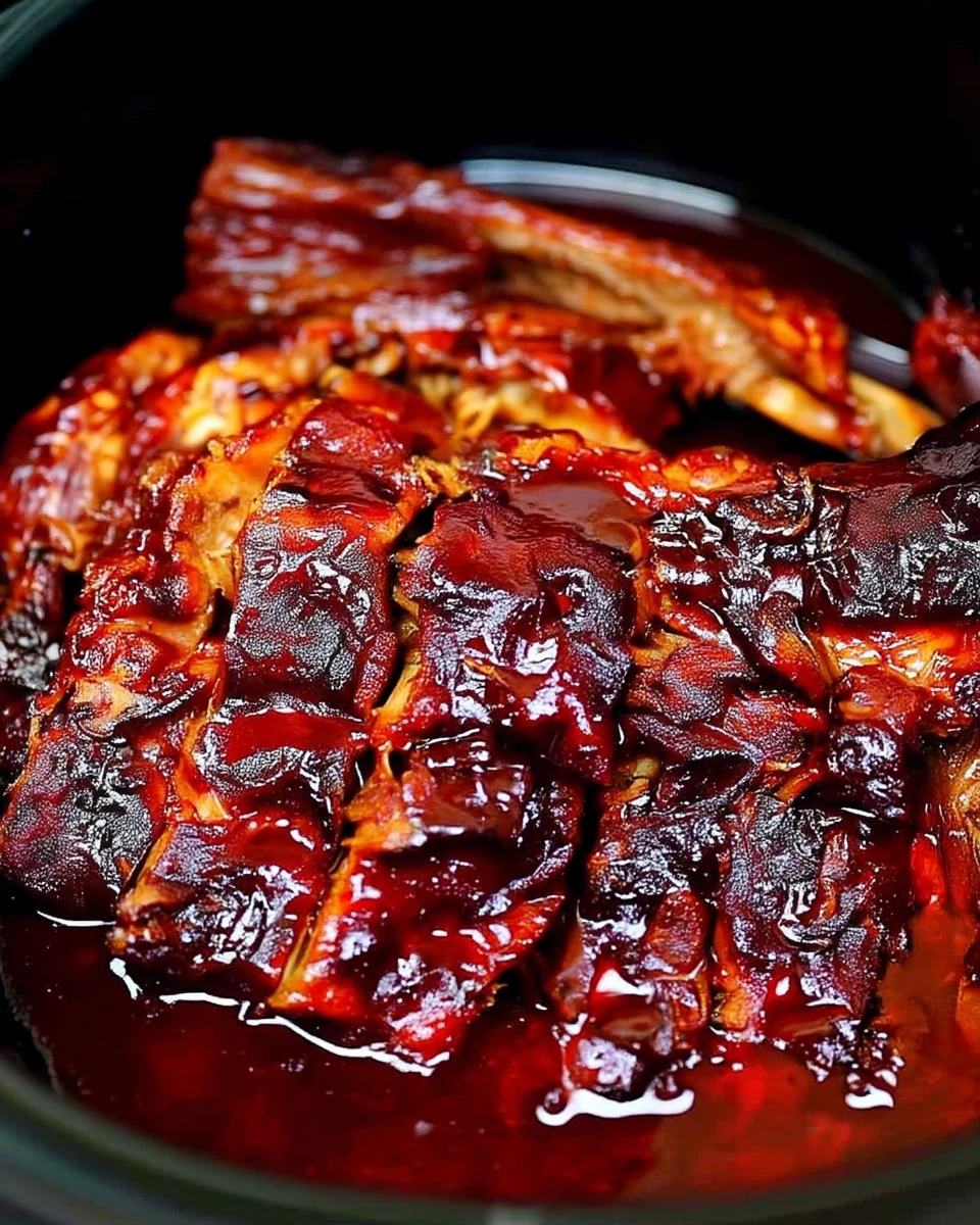 Slow cooker BBQ ribs with glossy sauce in a black crockpot