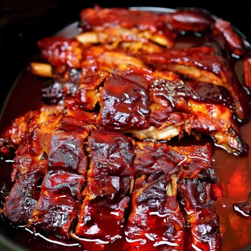 Slow cooker BBQ ribs with glossy sauce in a black slow cooker