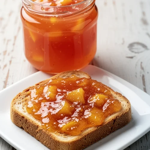 Small batch peach jam in a jar with toast, fresh and homemade
