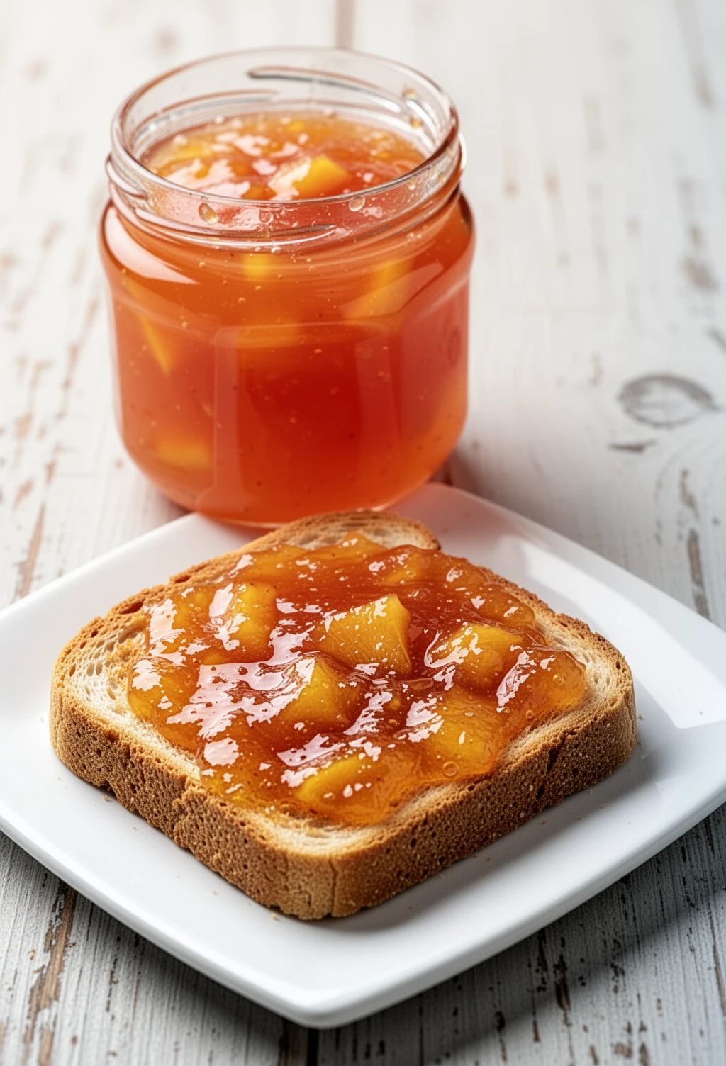 Small batch peach jam in a jar with toast, fresh and homemade