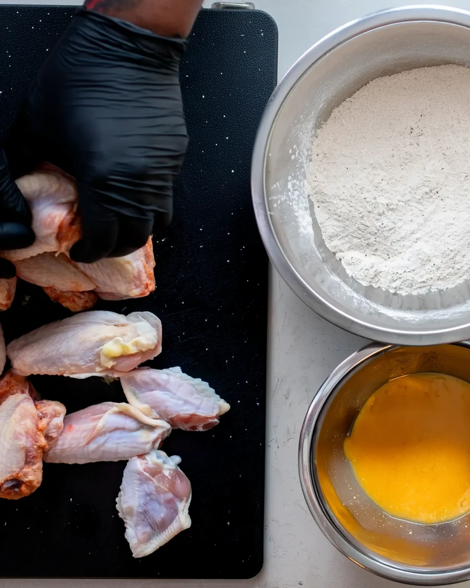 Southern fried chicken wings being coated in egg wash and seasoned flour