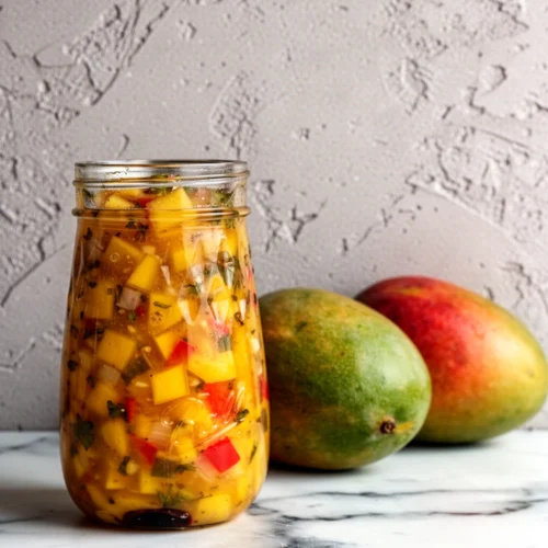 Spicy mango salsa in a sealed jar with fresh mangoes nearby