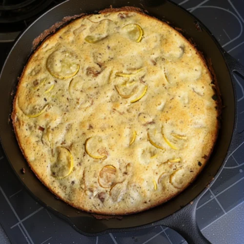 Golden squash casserole with yellow squash slices in a cast iron skillet