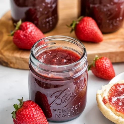 Strawberry honey butter in a mason jar with fresh strawberries and a biscuit