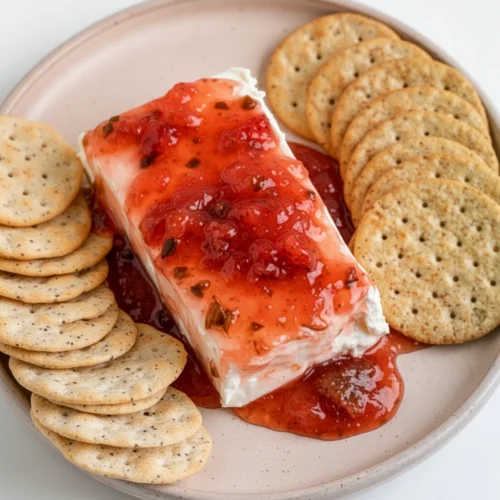 Strawberry jalapeño jam served on cheese with crackers, jars in background