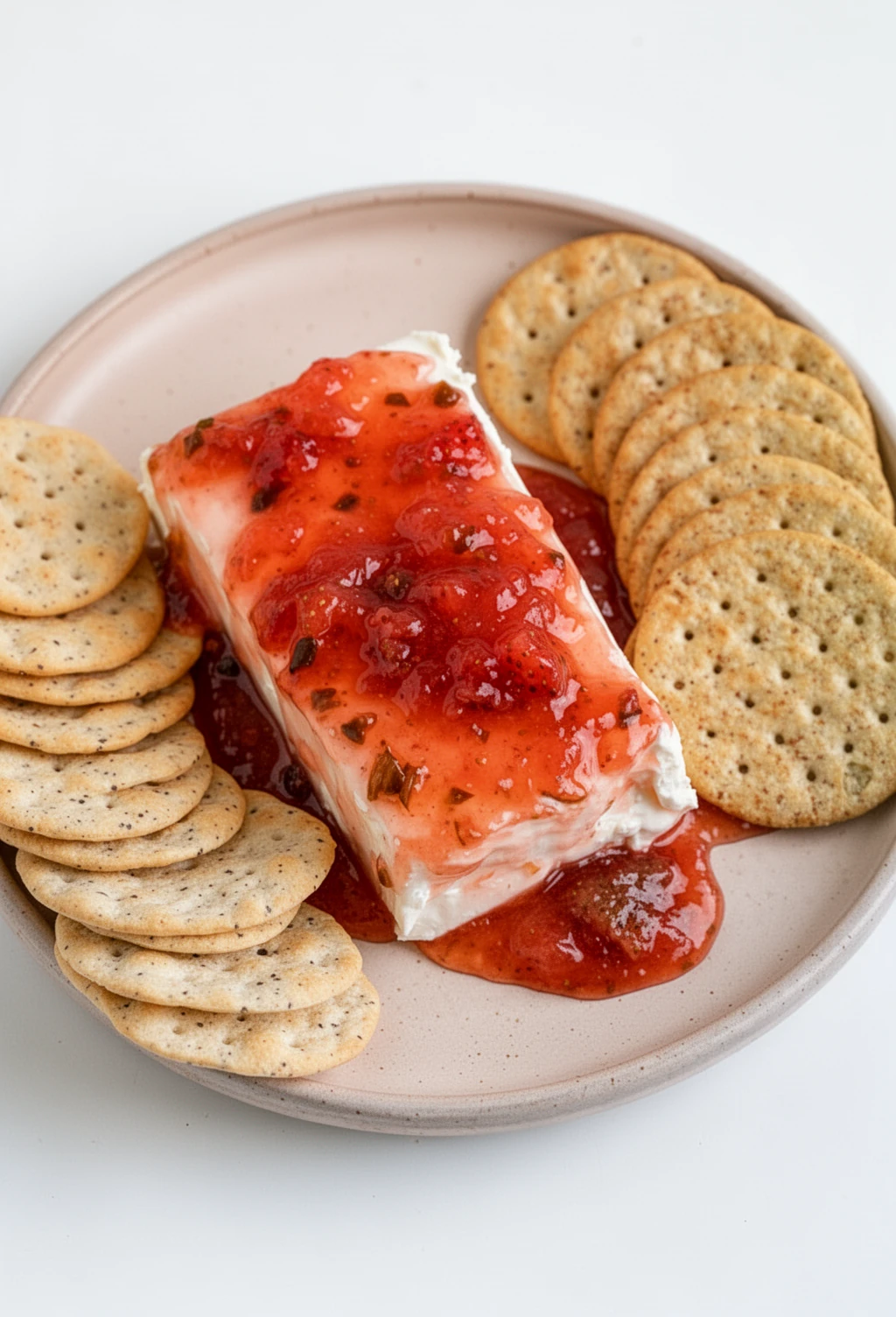 Strawberry jalapeño jam served on cheese with crackers, jars in background