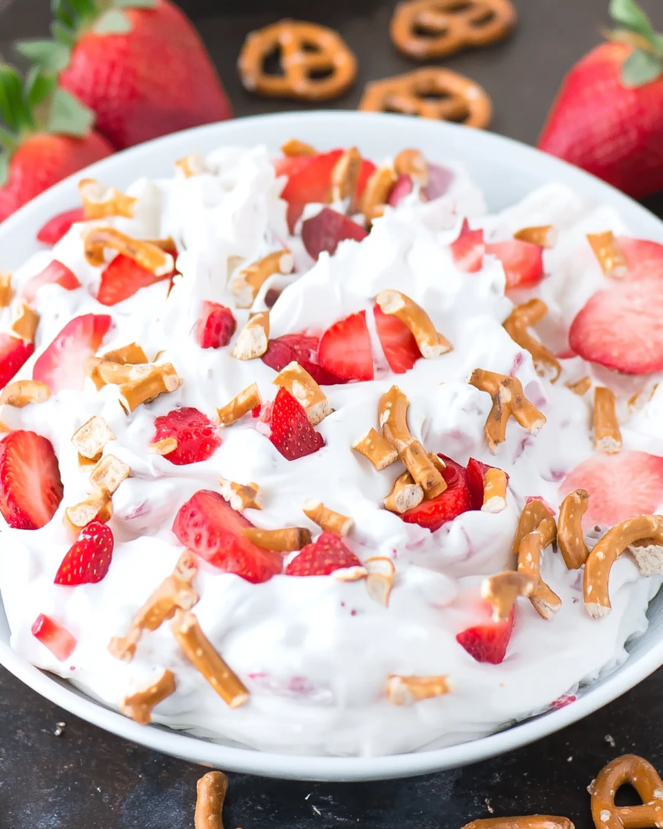 Strawberry pretzel fluff salad with fresh strawberries and crunchy pretzels in a white bowl