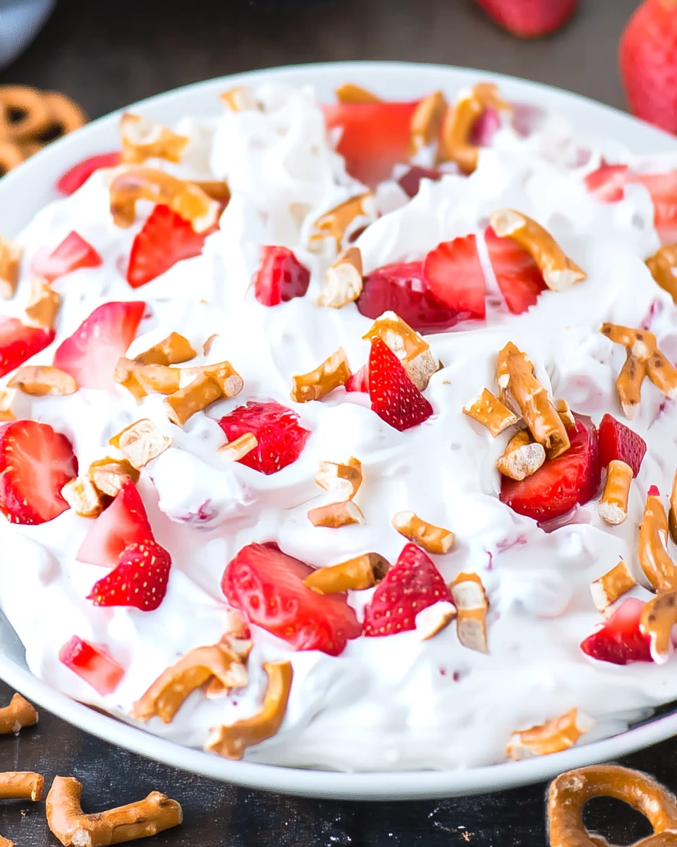 Strawberry pretzel fluff salad with fresh strawberries and pretzels on top