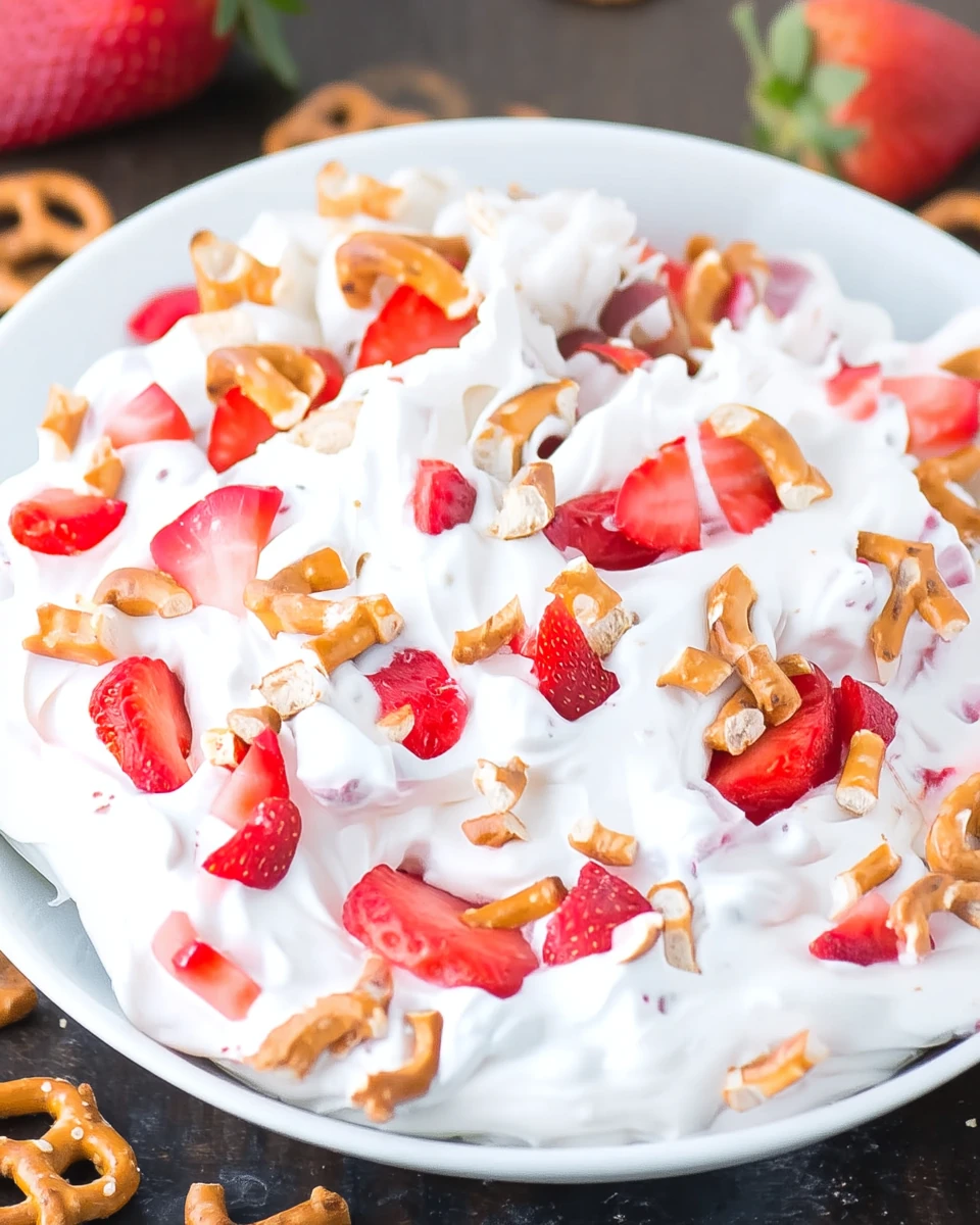 Strawberry pretzel fluff salad with fresh strawberries and crunchy pretzels on top