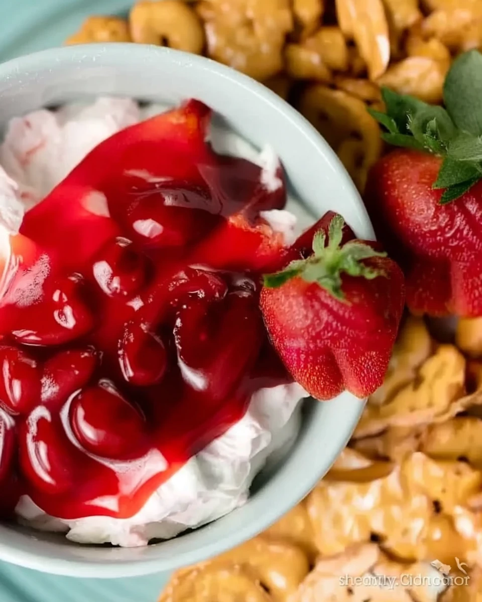 Strawberry Pretzel Salad Dip with Crunchy Pretzel Base Strawberry pretzel salad dip with crushed pretzels and fresh strawberries