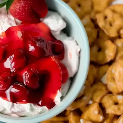 Irresistible Strawberry Pretzel Salad Dip Recipe 1 Strawberry pretzel salad dip with creamy base, red strawberry topping, and crushed pretzels
