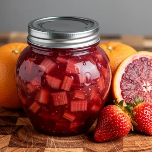 Jar of strawberry rhubarb jam with fresh strawberries and blood orange on marble countertop