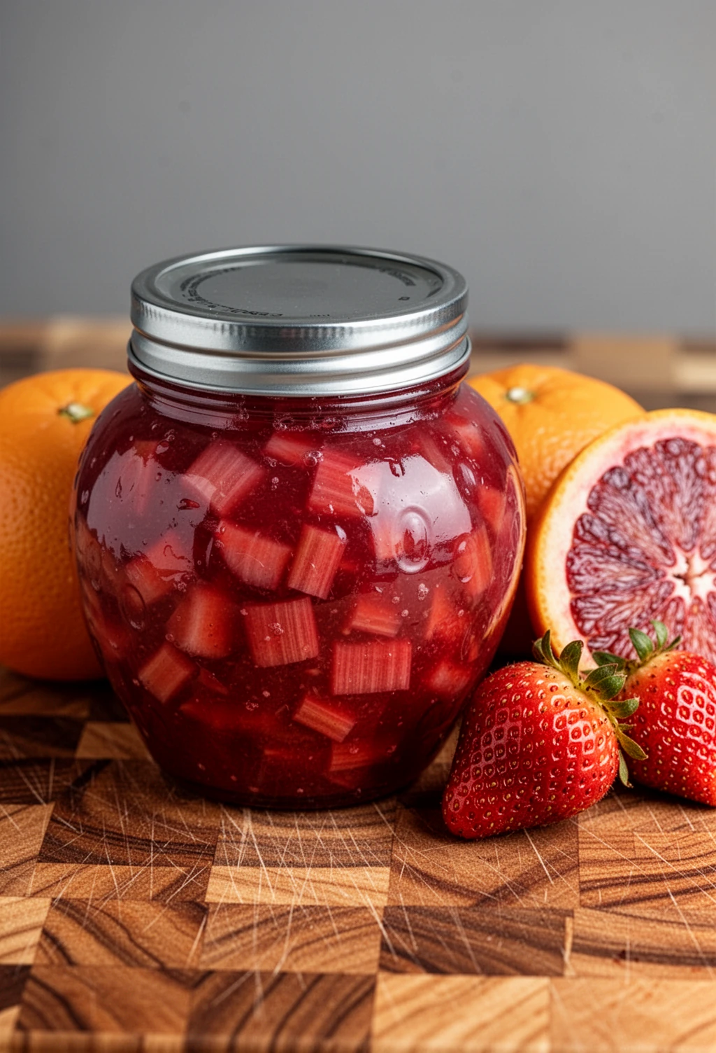 Jar of strawberry rhubarb jam with fresh strawberries and blood orange on marble countertop
