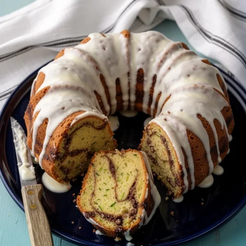 Streuseled zucchini bundt cake with vanilla glaze on a blue plate