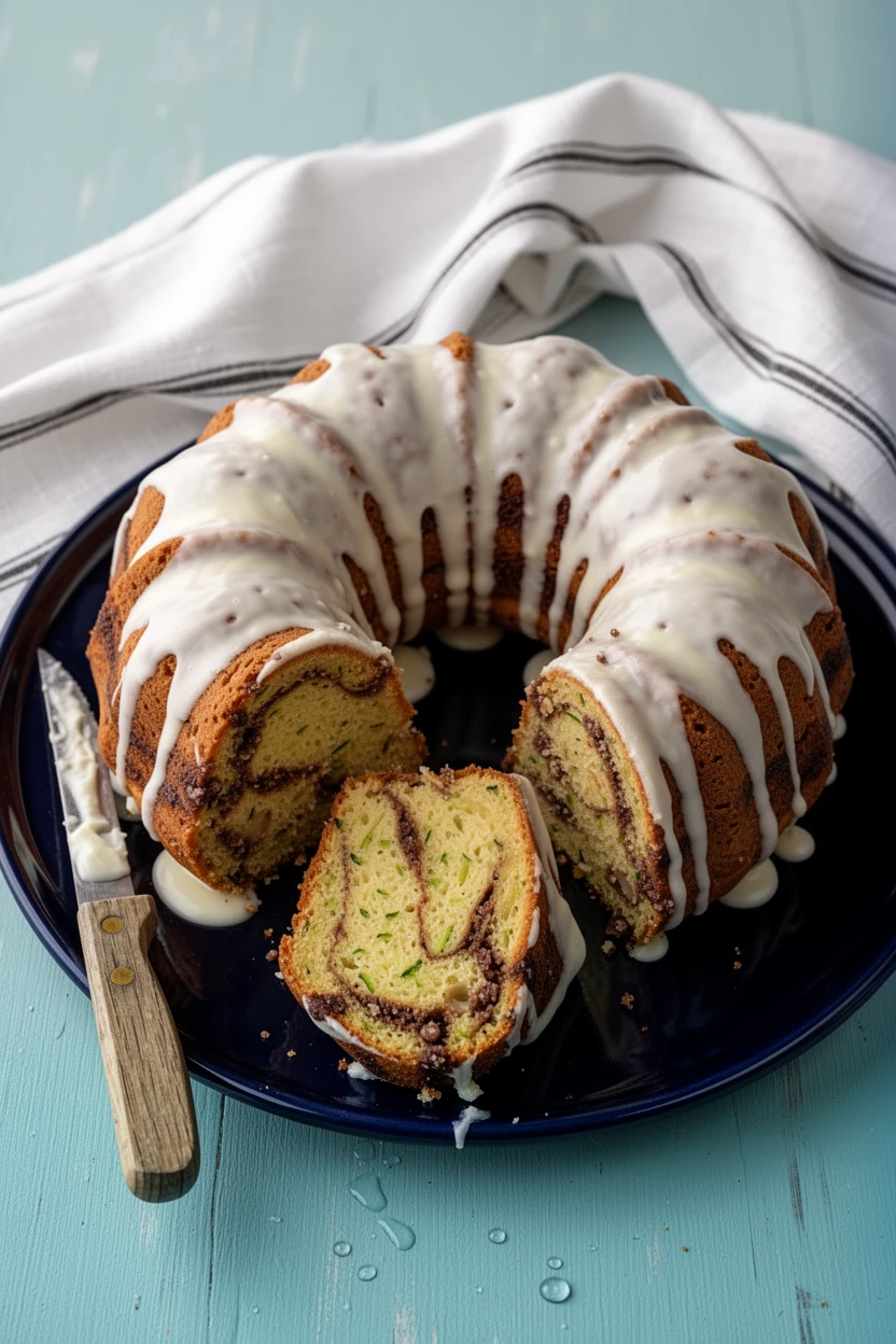 Streuseled zucchini bundt cake with vanilla glaze on a blue plate