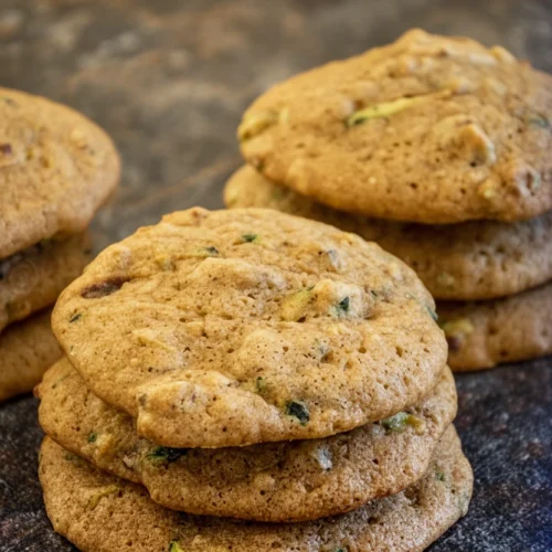 Super soft zucchini spice cookies stacked on a dark surface, showing green flecks and nuts