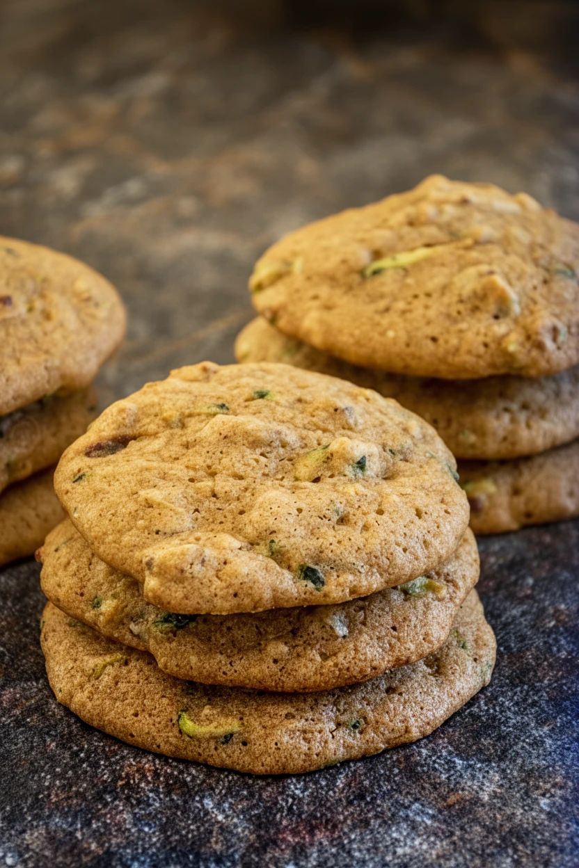 Super soft zucchini spice cookies stacked on a dark surface, showing green flecks and nuts