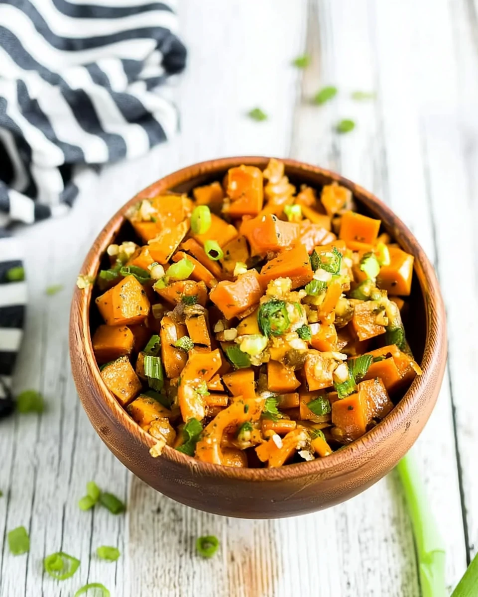 Sweet potato salad in a wooden bowl with green onions and herbs