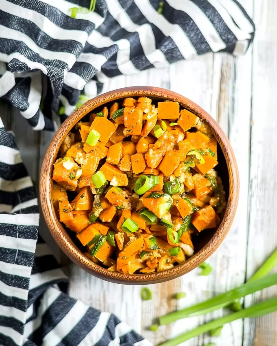 Sweet potato salad in a wooden bowl with green onions and herbs