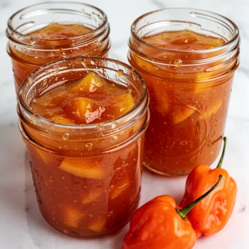 Three jars of sweet & spicy peach habanero jam with fresh habaneros beside them